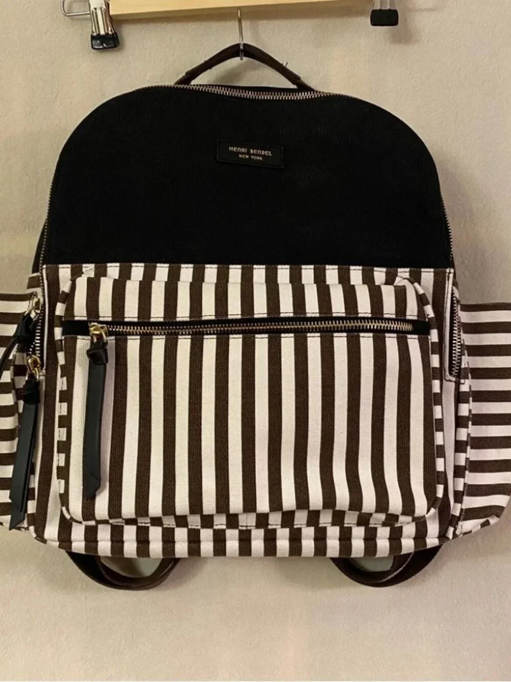 Henri Bendel black white brown striped canvas backpack large